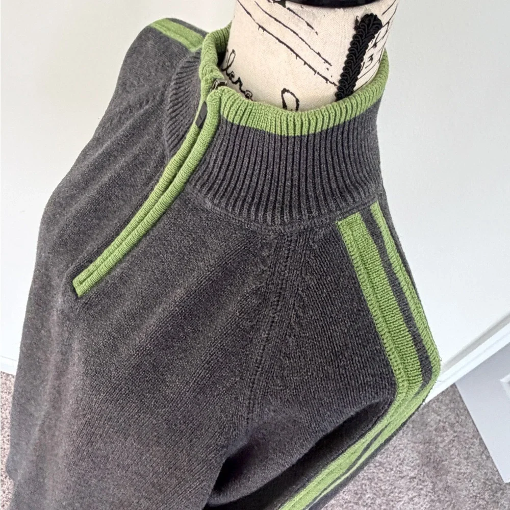 Eddie Bauer Sweater Pullover 1/4 Zip Charcoal/Lime Green Sz L 100%Cotton Grandpa